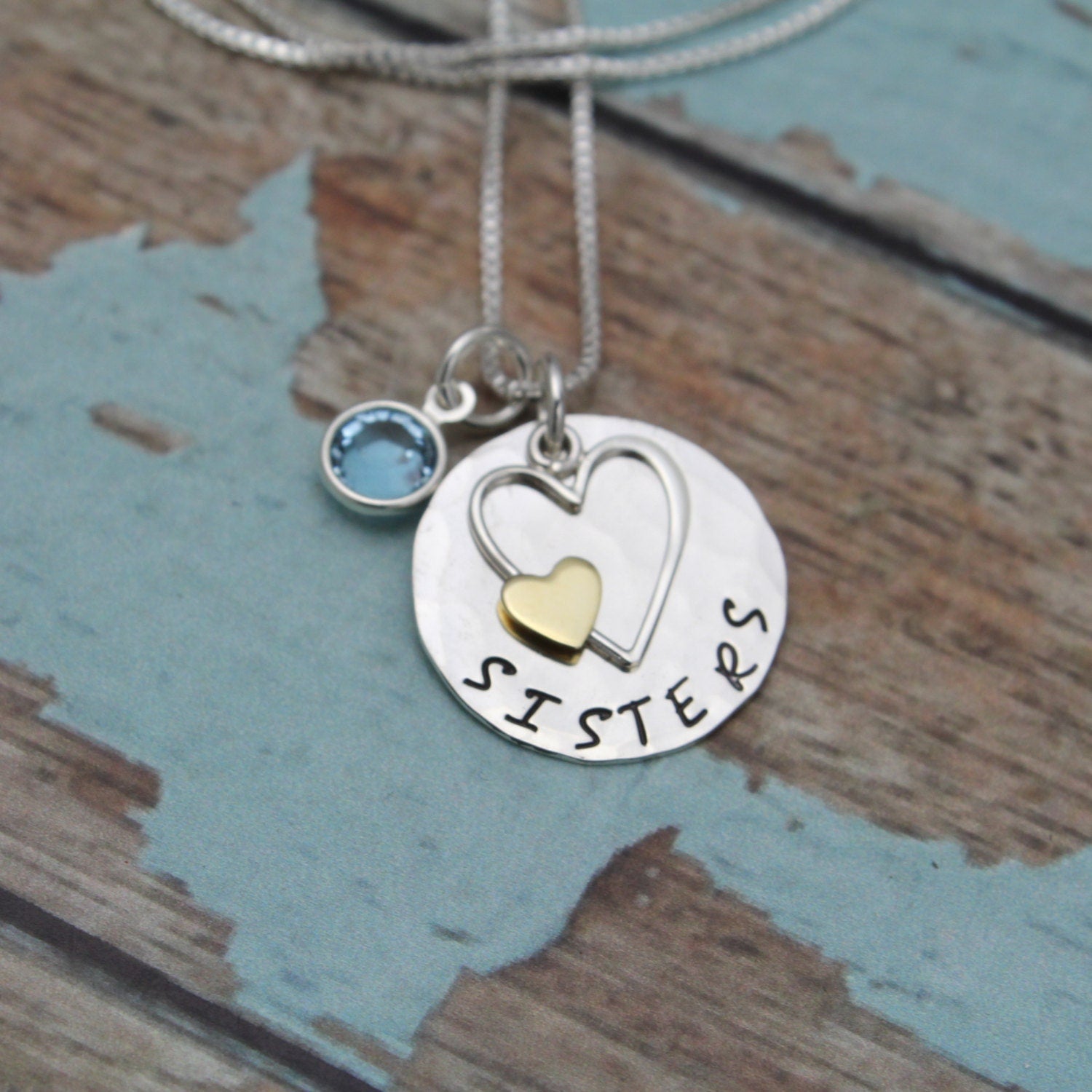Silver Sister Necklace with Birthstone, Sister Gift, Sisters Necklace with Heart Charm, Hand Stamped, Personalized Sterling Silver Jewelry