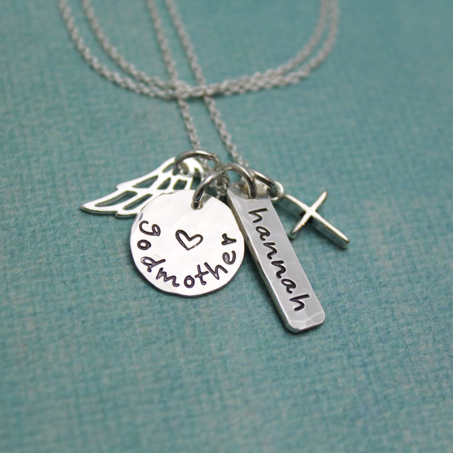 Godmother Necklace - Personalized and Hand Stamped - Cross and Angel Wing in Sterling Silver
