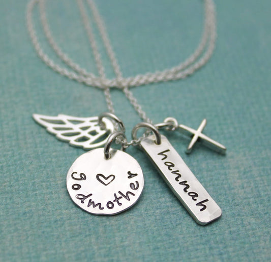 Godmother Necklace - Personalized and Hand Stamped - Cross and Angel Wing in Sterling Silver