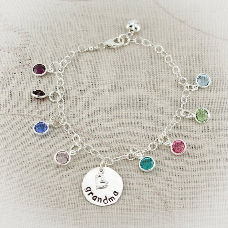 Personalized Grandmother or Mother Bracelet with Birthstones, Grandma Charm Bracelet, Mommy Charm Bracelet, Mom Mom Hand Stamped Jewelry