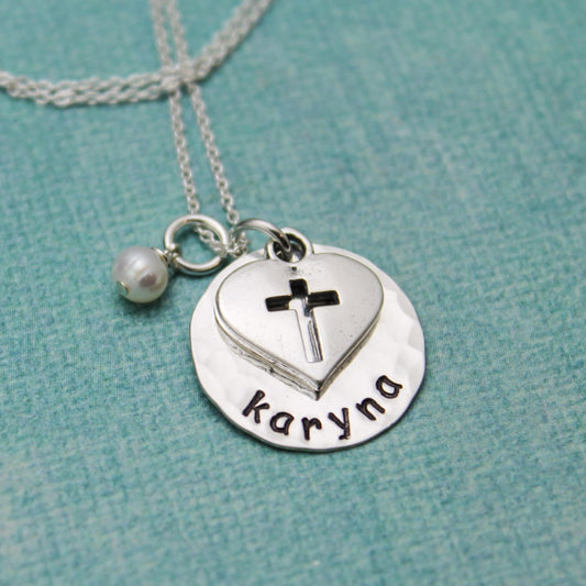 Personalized Confirmation Necklace or First Communion Jewelry Cross Necklace in Sterling Silver, Cross Necklace, Cross Jewelry, Hand Stamped