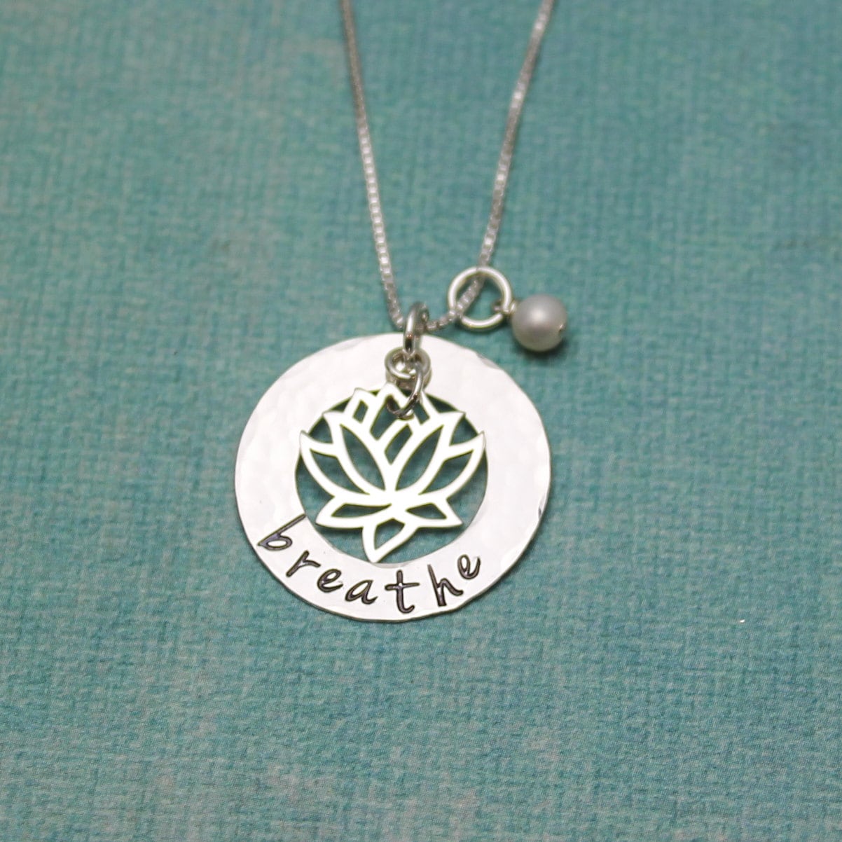 BREATHE Lotus Necklace, Yoga Jewelry, Lotus Flower Necklace, Yoga Gifts, Meditation Jewelry, Hand Stamped Jewelry, Sterling Silver