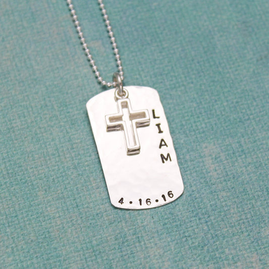Personalized Boys Confirmation Necklace or First Communion Necklace, Personalized Dog Tag Cross Necklace, Hand Stamped Jewelry