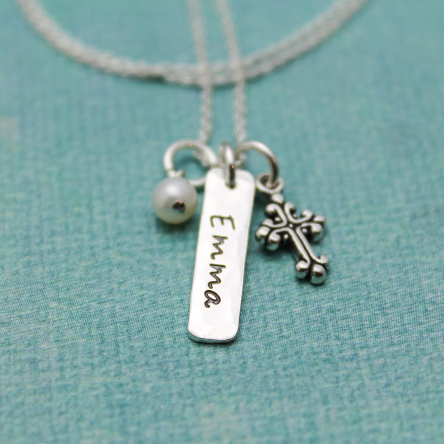 Cross Tag Necklace with Birthstone or Pearl for Confirmation Personalized Sterling Silver Hand Stamped Jewelry