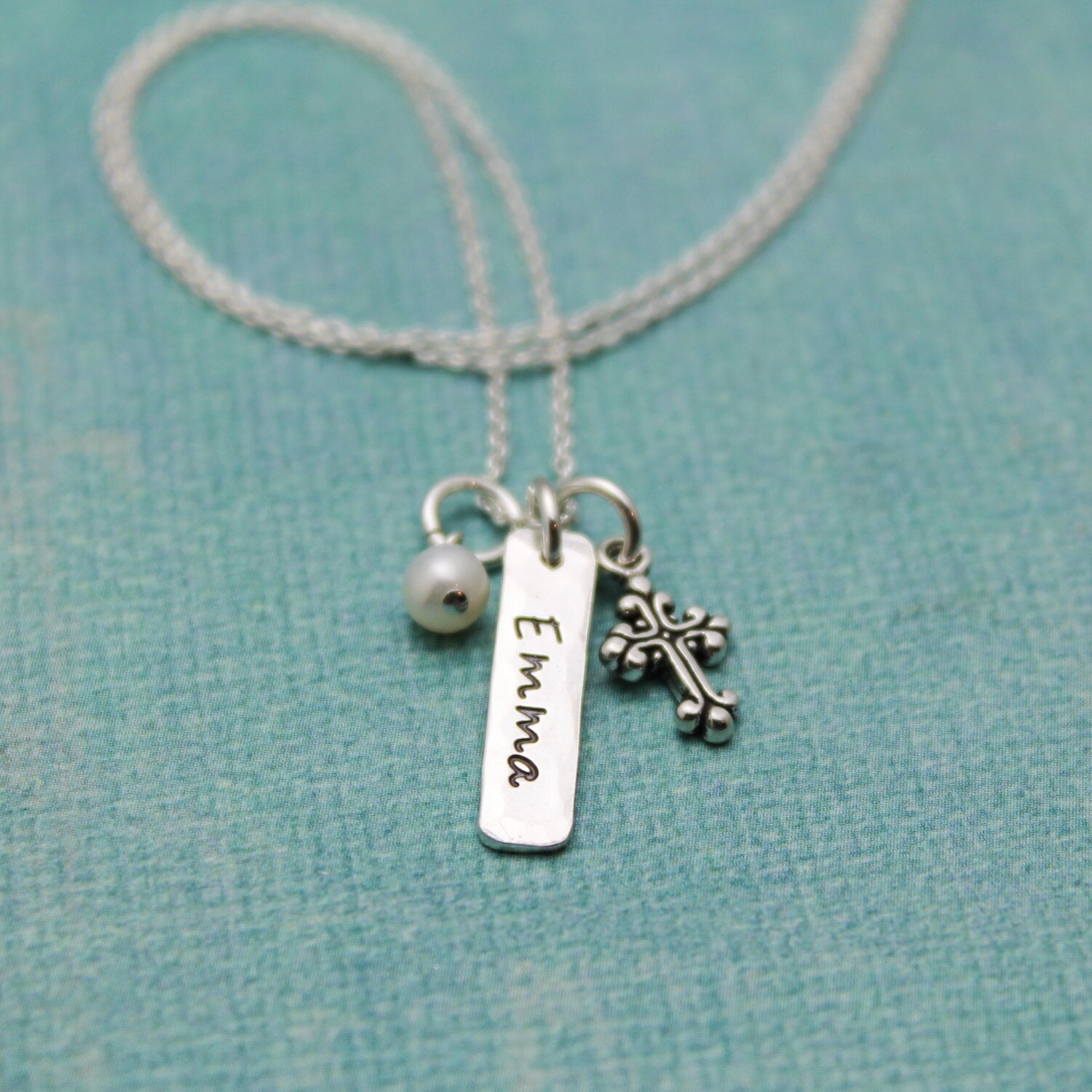 Cross Tag Necklace with Birthstone or Pearl for Confirmation Personalized Sterling Silver Hand Stamped Jewelry