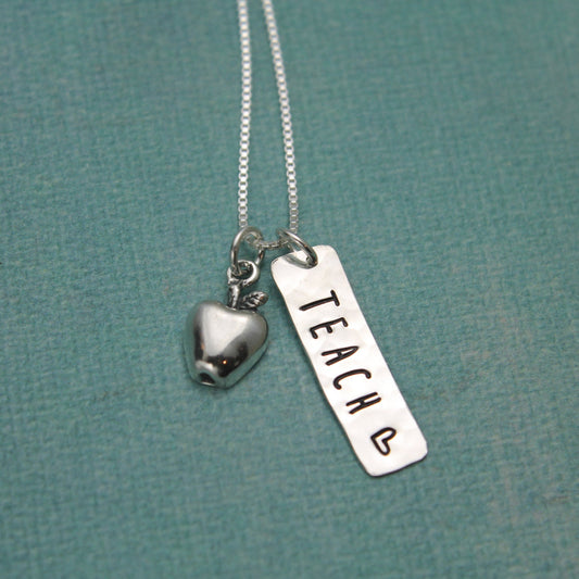 Teach Apple Teacher Necklace - Personalized - Sterling Silver with Apple Charm For a Teacher Hand Stamped Jewelry