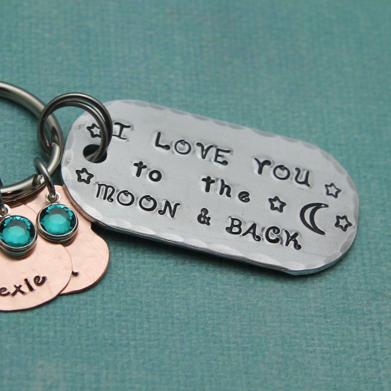 I LOVE you to the MOON and Back Key Chain Hand Stamped Personalized Aluminum and Copper Key Chain Hand Stamped Personalized Key Chain
