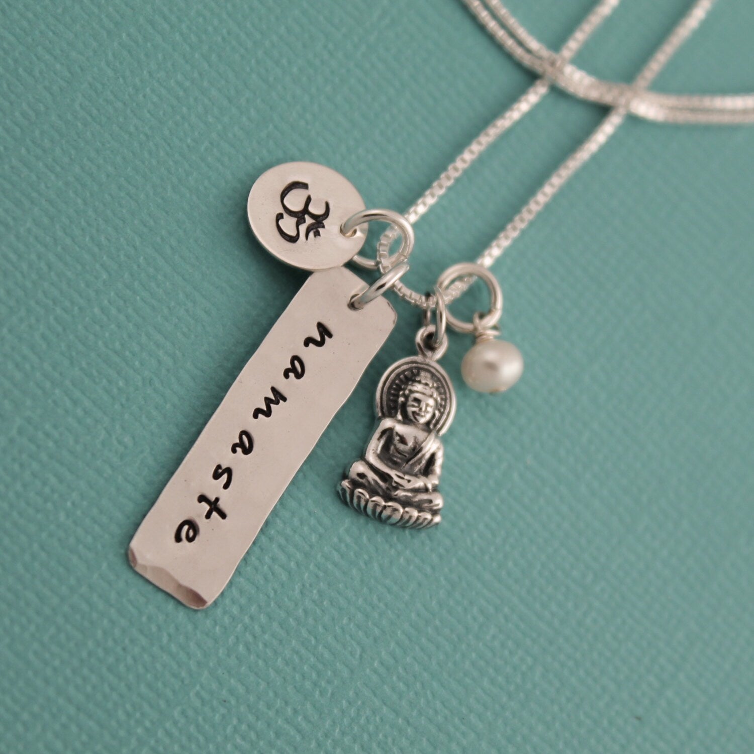Yoga, Namaste or Breathe  Ohm Buddha Necklace with Pearl in Sterling Silver Hand Stamped Jewelry