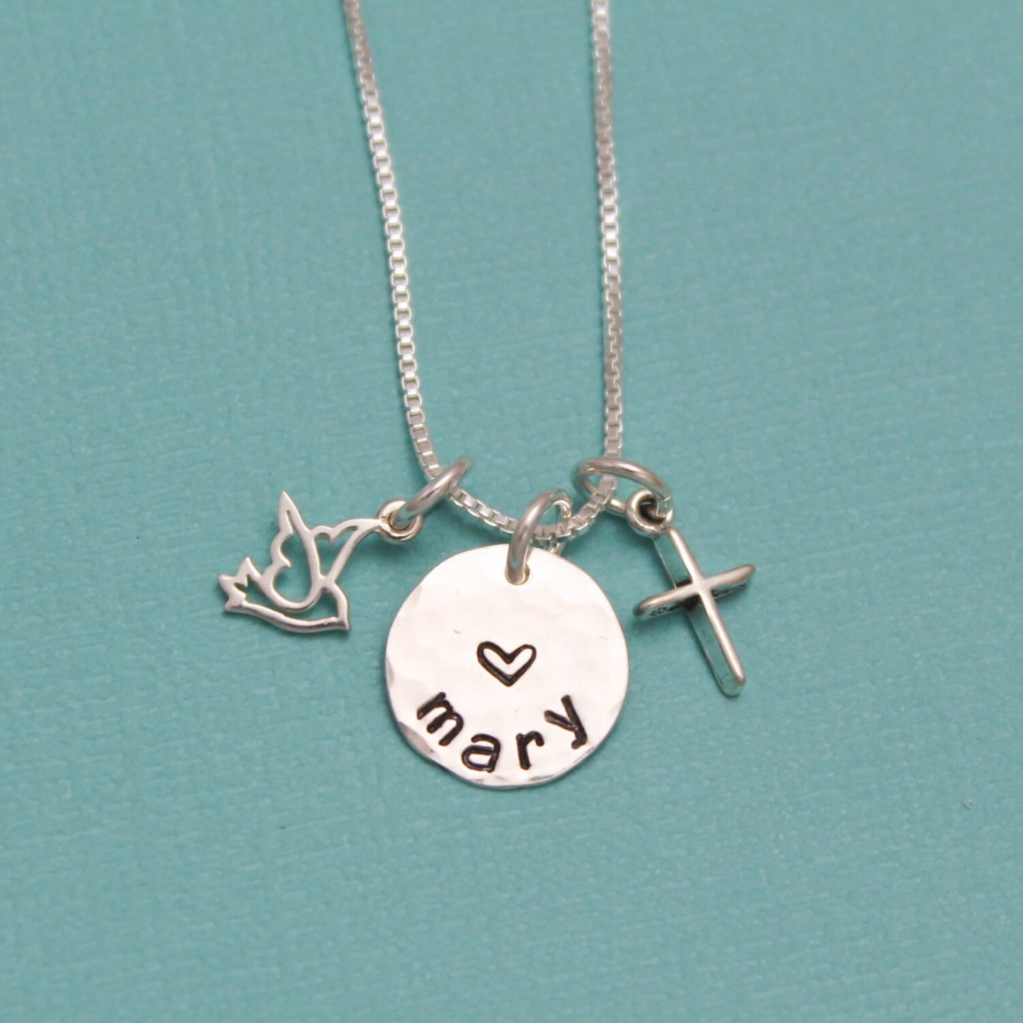 Dove and Cross Charm Necklace for Confirmation Personalized Sterling Silver Hand Stamped Jewelry