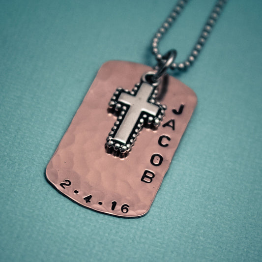 Boys Cross Necklace,First Communion Gift, Copper Dog Tag Cross Necklace for Boys,  Personalized