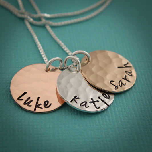 Mother's Necklace, Personalized Necklace, Three Discs Necklace, Mixed Metals Necklace, Hand Stamped Jewelry