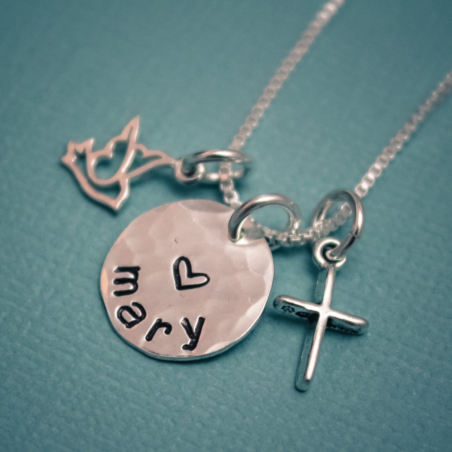 Dove and Cross Charm Necklace for Confirmation Personalized Sterling Silver Hand Stamped Jewelry