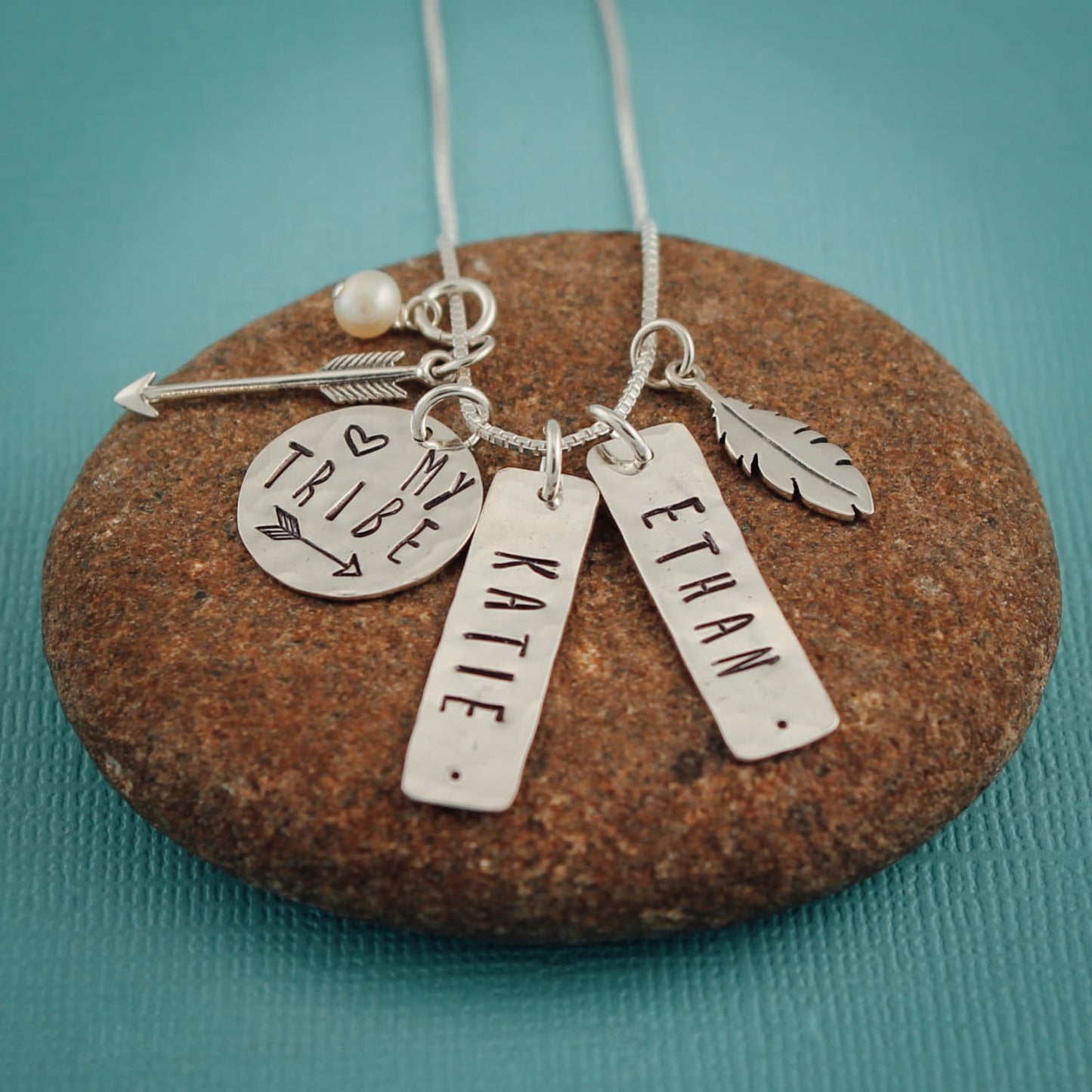 Personalized My Tribe Necklace, Mother's Necklace, My Tribe Necklace with Arrow and Feather Charm,  Hand Stamped Personalized Jewelry